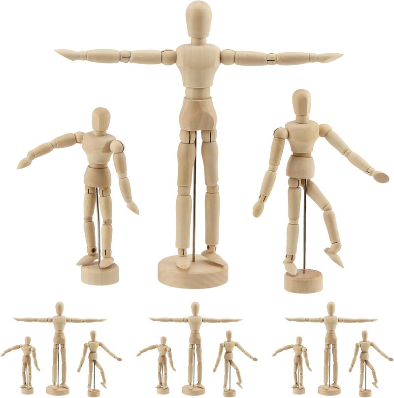 KOHAND 9 Pcs Artists Wooden Manikin, Wooden Moveable Drawing Mannequins Flexible Jointed Mannequin Human Drawing Figure Model for Artists, Painting, Home Office Decoration 5.5/6 /8 Inch - Image 1
